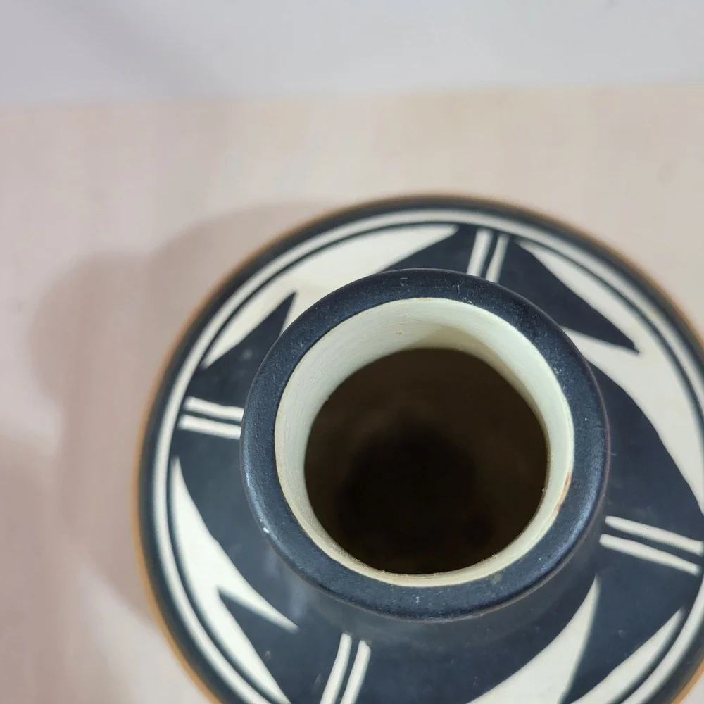 Handmade Southwestern Pottery Vase Black White Orange Geometric‎ Design Signed